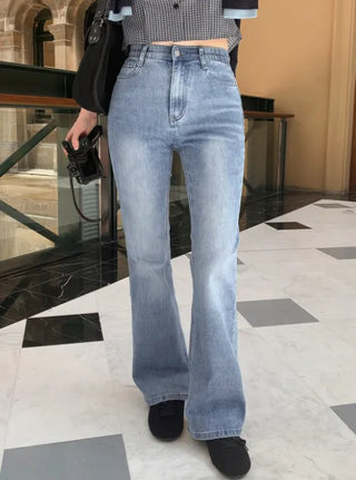 Semi-bootcut denim pants with elastic waistband