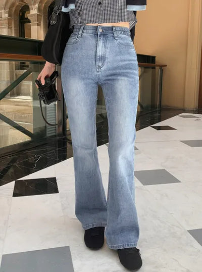Semi-bootcut denim pants with elastic waistband