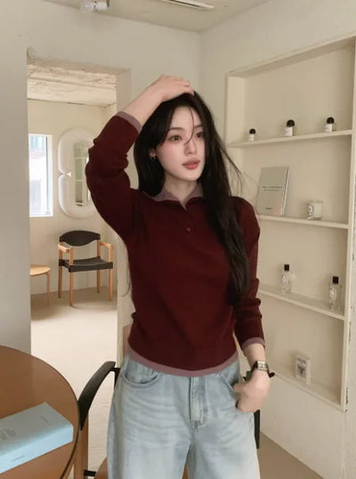 Layered half-button knit