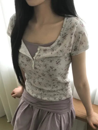 [3 colors] Mesh Flower T-shirt