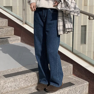 Fleece-lined straight denim pants
