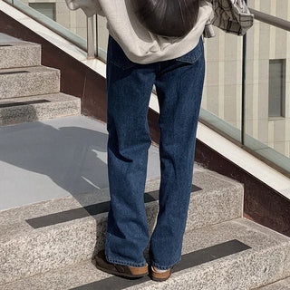Fleece-lined straight denim pants
