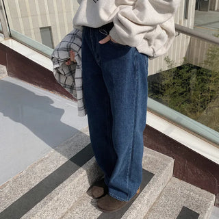 Fleece-lined straight denim pants