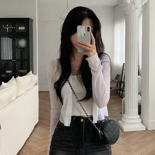 See-through cropped back ribbon cardigan