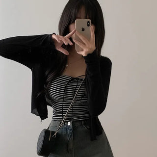See-through cropped back ribbon cardigan