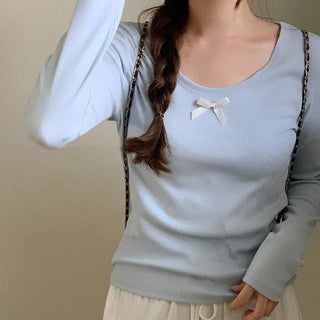 Ribbed Ribbon U-Neck T-Shirt