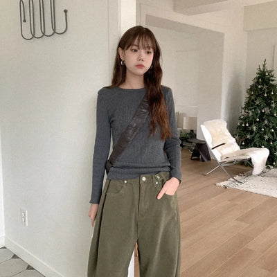 Cotton ribbed long-sleeved T-shirt