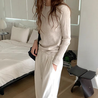 Cotton ribbed long-sleeved T-shirt