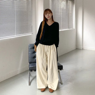 Pleated wide-leg elastic waist pants