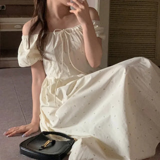 Flower Off-Shoulder Puff Long Dress