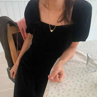 Lady Velvet Square Neck Puff Sleeve H-Line Long Dress (2c)