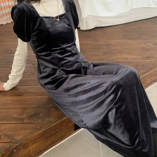 Lady Velvet Square Neck Puff Sleeve H-Line Long Dress (2c)