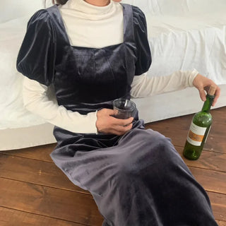 Lady Velvet Square Neck Puff Sleeve H-Line Long Dress (2c)