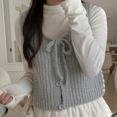 Eco-wool ribbed ribbon cropped knit vest (4cm)
