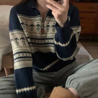 Bunny print zip-up knit