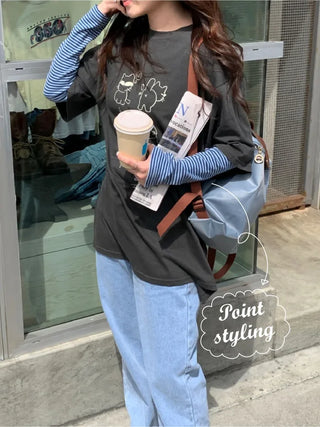 Long-sleeved U-neck ribbed striped T-shirt