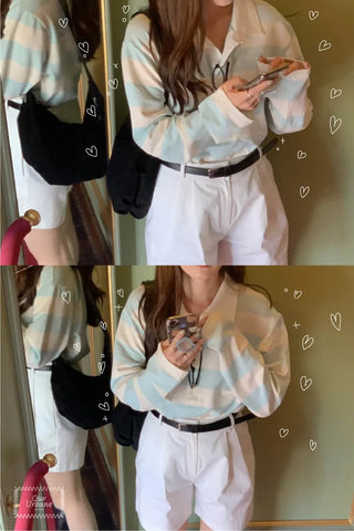Loose-fit striped long-sleeved colored T-shirt