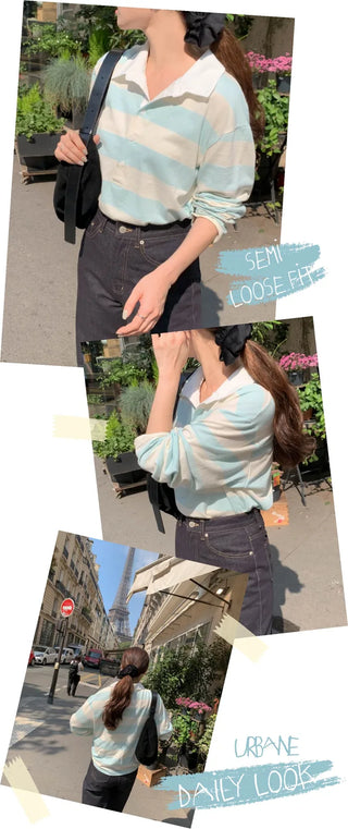 Loose-fit striped long-sleeved colored T-shirt