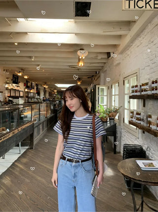 Striped cropped short-sleeved T-shirt