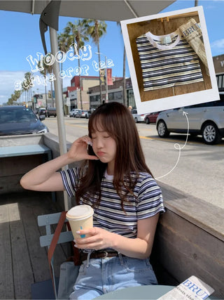 Striped cropped short-sleeved T-shirt