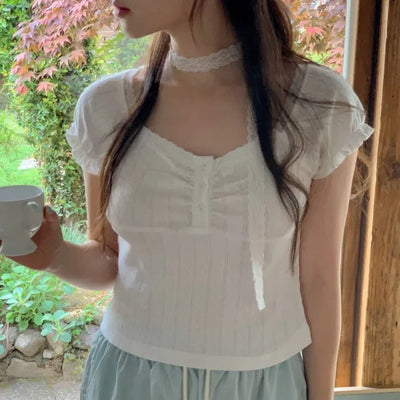 [Tie Set] Frill Lace Short-Sleeve Blouse