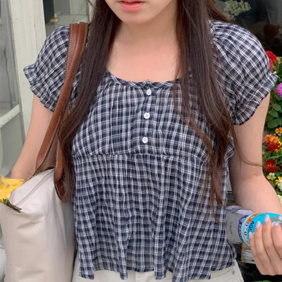 Shirred puff sleeve short-sleeved check blouse