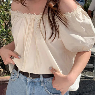 Shirred puff sleeve short-sleeved blouse