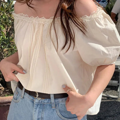 Shirred puff sleeve short-sleeved blouse