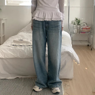Wide snap-button denim pants