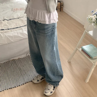 Wide snap-button denim pants