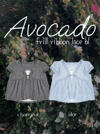 Frill Ribbon Shirring Lace French Sleeve Blouse