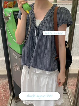 Frill Ribbon Shirring Lace French Sleeve Blouse