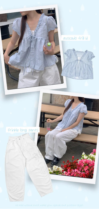 Frill Ribbon Shirring Lace French Sleeve Blouse