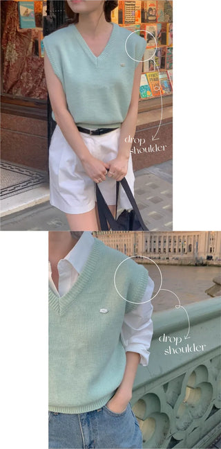 Loose-fit wool V-neck knit vest