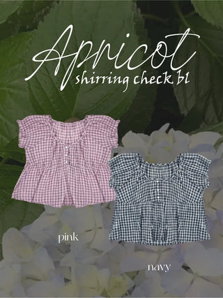 Shirred puff sleeve short-sleeved check blouse