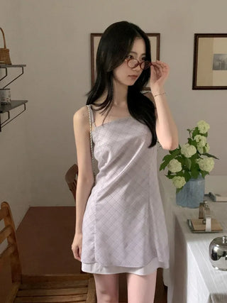 Checked floral chiffon bustier dress