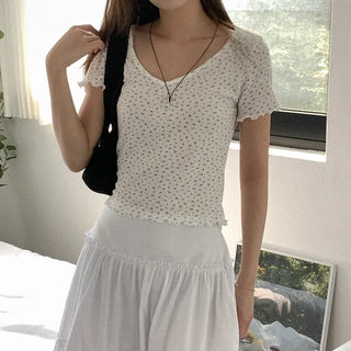Flower V-neck short-sleeved T-shirt