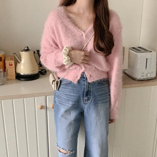 V-neck fluffy knit cardigan