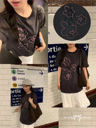 Printed round oversized short-sleeved T-shirt (2c)