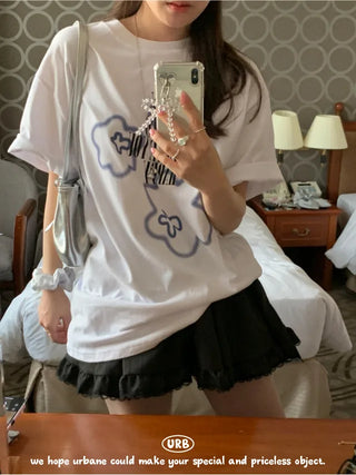 Printed round oversized short-sleeved T-shirt (2c)