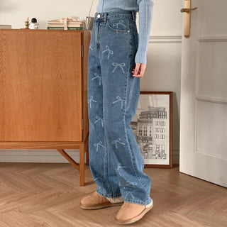 Ribbon pattern wide denim pants