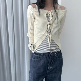 Ribbon Off-Shoulder Cardigan