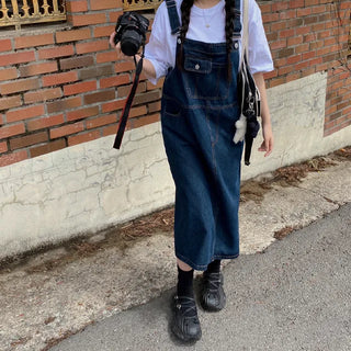 Layered Long Denim Overalls Dress