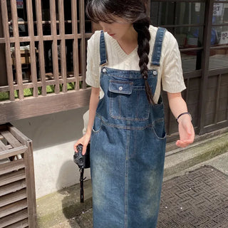 Layered Long Denim Overalls Dress
