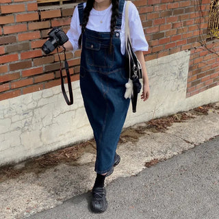 Layered Long Denim Overalls Dress