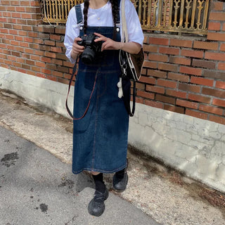 Layered Long Denim Overalls Dress