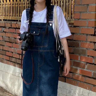 Layered Long Denim Overalls Dress