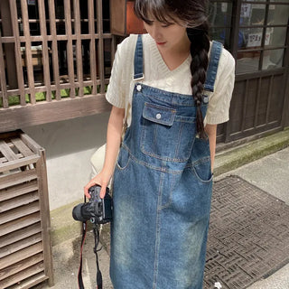 Layered Long Denim Overalls Dress