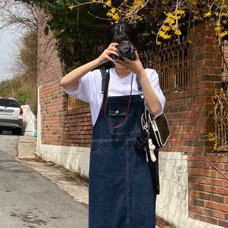 Layered Long Denim Overalls Dress