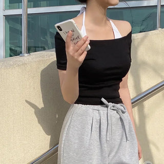 Off-shoulder semi-cropped black short-sleeved T-shirt